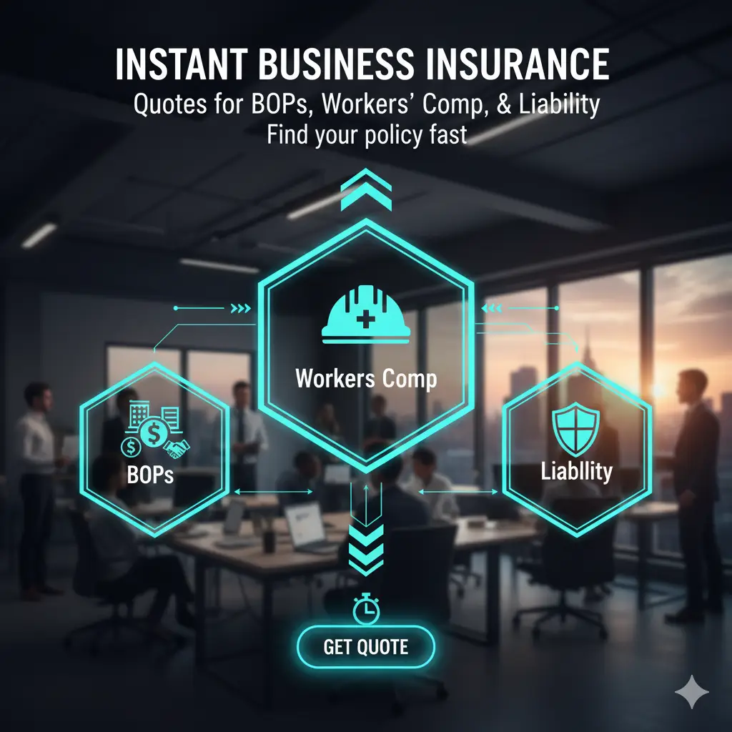 Secure modern office building or a commercial property with a protective shield icon, representing simplified business insurance quotes and risk protection.