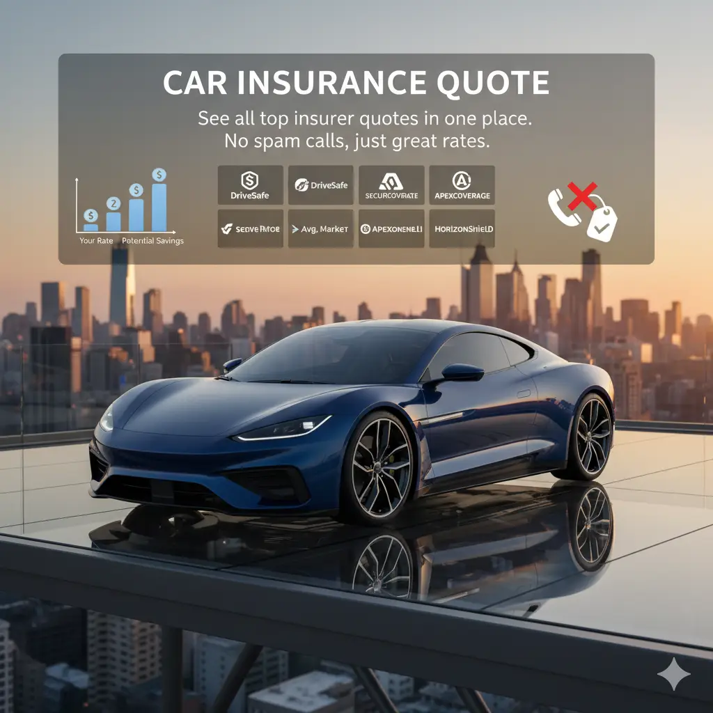 Digital illustration of a car with a graph showing rapidly falling insurance costs, symbolizing quick savings on auto insurance quotes.